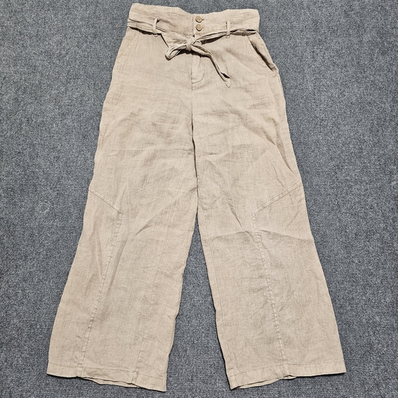 Nicole Miller Womens 100% Linen Tan Wide Leg Ankle Pull On Pants With Belt 4 - Picture 1 of 14